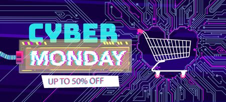 Cyber Monday background with glitch effect. Promo sale horizontal banner design. Abstract vector illustration with geometric shape. virtual shopping cart neon colors background, can be used for advertising and other purposes. the design can be edited easily as needed.のイラスト素材