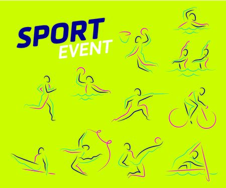Summer sports icon set  isolated silhouettes of athletes Different kinds of gymnastics, Vector layout design template for sport event.&#xD;&#xA;Sport flyer design banner poster. のイラスト素材
