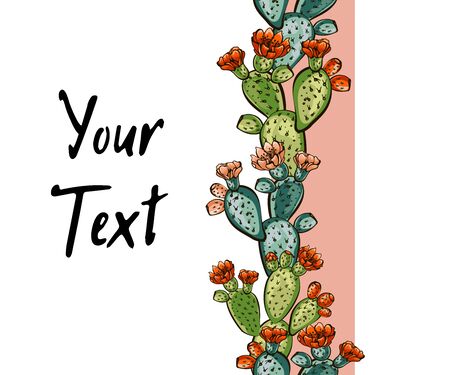 web banner template pattern, Wreath of cacti with flowers, Decorative exotic plants  with text space, Place for your text or congratulations, Design for banner, greeting card, social networks, website.のイラスト素材