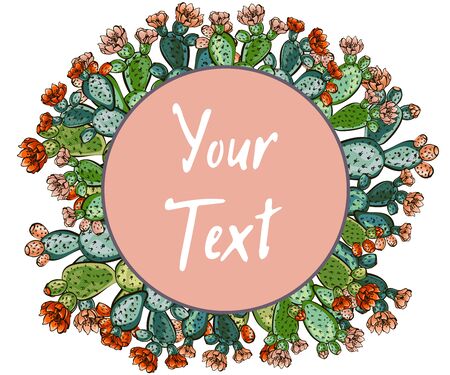 web banner template pattern, Wreath of cacti with flowers, Decorative exotic plants  with text space, Place for your text or congratulations, Design for banner, greeting card, social networks, website.のイラスト素材