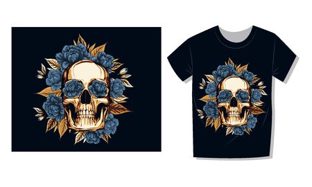 Metal Skull with  floral Golden Roses wreath, Vector illustration of Day of the Dead Dia De Muertos in Spanish Language for celebration concept poster banner design. skull, creative design illustrationのイラスト素材