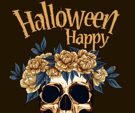 Metal Skull with  floral Golden Roses wreath, Vector illustration of Day of the Dead Dia De Muertos in Spanish Language for celebration concept poster banner design. skull, creative design illustrationのイラスト素材