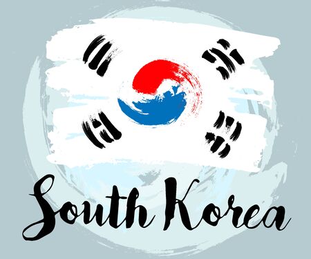 South Korea flag with brush stroke background, poster, vector illustration, Traditional Korean styleのイラスト素材