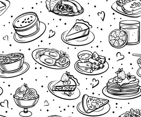 Seamless food and drink food patterns set of fast food doodles on white, Vector illustration.のイラスト素材