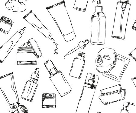 patterns with Korean cosmetics, chalk-drawn cosmetic jars and tubes, Skin care and makeup, Seamless pattern for fabric, wallpaper, packagingのイラスト素材