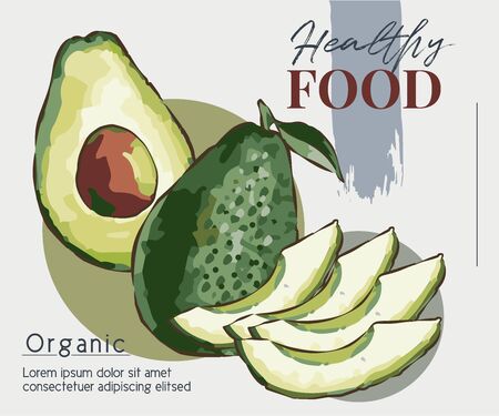 Background for avocado oil label, packaging. Illustration of fresh green avocado and calligraphy. Organic vegetarian food concept.のイラスト素材