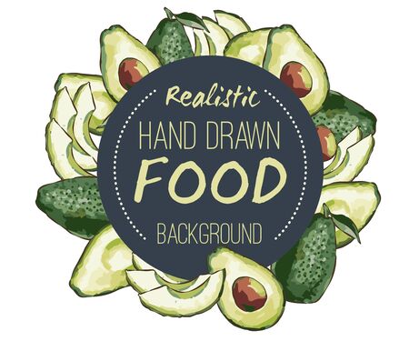 Hand drawn watercolor painting on white background. Vector illustration of avocado fruits sketch elements, eco healthy ingredients vector illustration. Great for poster, banner, voucher, coupon.のイラスト素材
