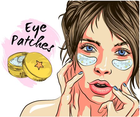 Patches Under eye skin care: eye patches for puffiness, wrinkles, dryness and dark circles, under the eyes. Cosmetic product for skin. Korean cosmetics, Beauty product for eye care in vectorのイラスト素材