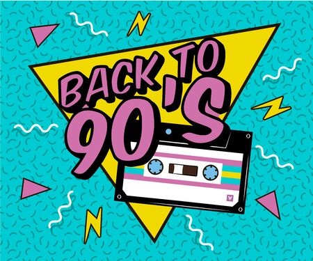 Retro party poster. Music of the nineties, vintage cassette tape and 90s style. invitation card...