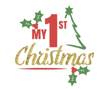 My first Christmas Pack. Hand drawn lettering for Xmas greetings cards, Vector illustration isolated on white background for Tshirt designs, baby prints and decoration.のイラスト素材