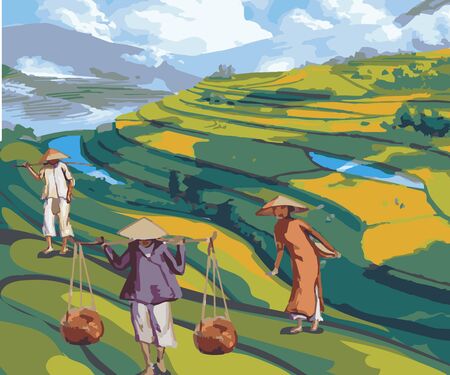 Illustration of farmers planting rice in the fieldsのイラスト素材