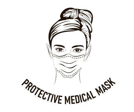 woman gag with worry gesture. Healthy of female wear protective mask against infectious diseases and flu. Stop the infection. Health care concept. Vector illustration isolated on white.のイラスト素材