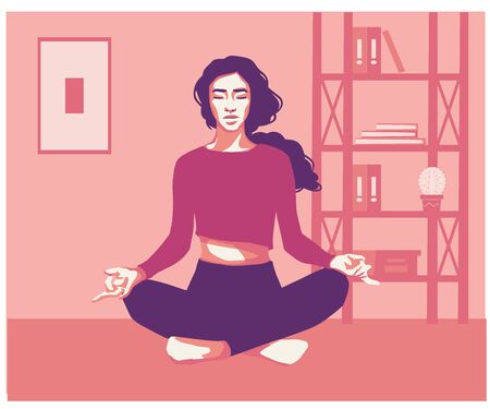 A collection of young women performing exercise. A set of female cartoon characters demonstrating various positions of yoga, highlighted on a light background. Colorful flat vector illustration.のイラスト素材