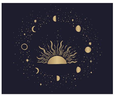 Set of hand drawn   hands, crescent moon, modern witch concept. Vector illustration of the night sky, stars and constellations. Bohemian style for wedding, decoration or tattoo.のイラスト素材