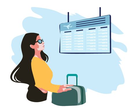 worried girl waiting for her flight at the airport and watching the schedule. Young woman with airplane check-in waiting for luggage or boarding a plane at the airport terminal.のイラスト素材