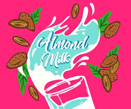Plant-based vegan almonds based on milk Vegan milk is a healthy cow's alternative to lactose milk, an environmentally friendly product. Lactose free. no milk bannerのイラスト素材