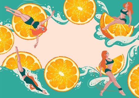 Illustration of a pool party with a cartoon red-haired girl in a swimsuit, orange summer party mood, relax, spa relaxation concept, horizontal banner, orange, summer events background, free timeのイラスト素材