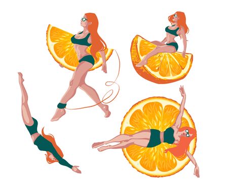 Illustration of a pool party with a cartoon red-haired girl in a swimsuit, orange summer party mood, relax, spa relaxation concept, horizontal banner, orange, summer events background, free timeのイラスト素材