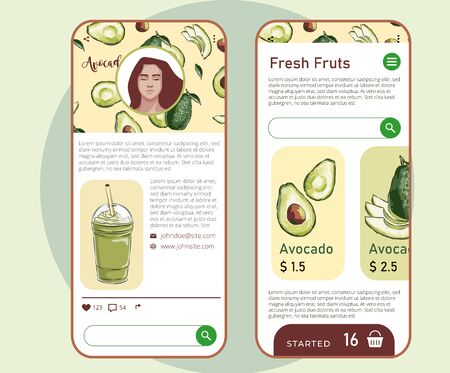Vector illustration of vegan detox smoothie. Hand drawn recipe for a healthy drink made from avocado, hand drawn recipe smoothie, phone application. Shopping apps.のイラスト素材