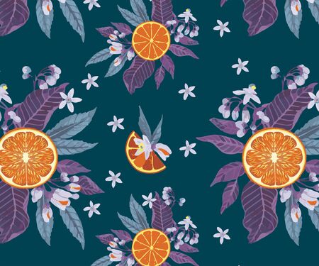 Seamless citrus pattern with herbal ingredients. Hand drawn vector illustration with herbal illustrations. Template for print, fabric, wallpaper cover and box design.のイラスト素材