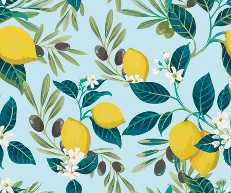 Lemon seamless pattern vector illustration. Lemons and olives colorful pattern in hand drawn doodle style. Perfect for fabric prints, ceramic, fashion design or wrapping paper.のイラスト素材