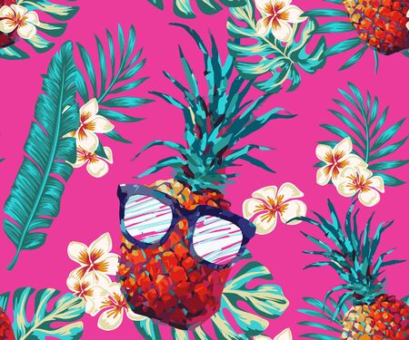pineapple with glasses tropical frangipani pattern and palm leaves, vector design. Jungle print. Floral background. Printing and textile. Exotic tropics. Fresh design.のイラスト素材