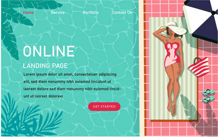 top view or from the back concept of a girl in a large brimmed hat relaxing near a pool water. Suitable for posters, banners or a design concept for a leisure and travel website design.のイラスト素材