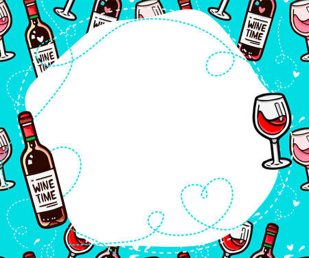 different varieties of wine red and light in drawn bottles cartoon style, Editable templates for social media stories. to combine with your photos. Place for your photo and text. Idea for brochures and banners. Vector designのイラスト素材
