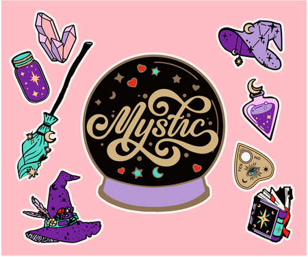 set Doodle hand drawn vector seamless pattern with magic attributes, Hand drawn elements: candles, book of shadows, potion, tarot cards etc.のイラスト素材