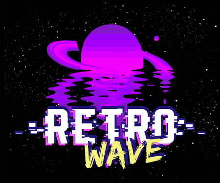 Retro space waves or retro futuristic style, digital landscape in the cyber world. For use as a cover of a music album. design templates. Invitation. Catalog cover. Banner.のイラスト素材