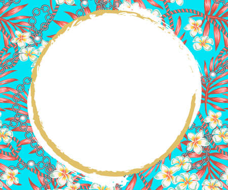 trendy 80s splendor tropical flowers and palm leaves fashion accessories, background - template design for poster, banner, social media post. set of design design for stories, suitable for postcards,のイラスト素材