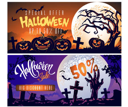 set of halloween ad banners for social media page cover and web banner. Discount promotion marketing concept. happy halloween greeting cards designのイラスト素材