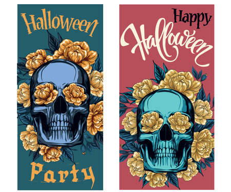 Metallic skull with floral wreath of golden roses, editable templates for social media stories. Idea for brochures and banners. skull, creative design illustrationのイラスト素材