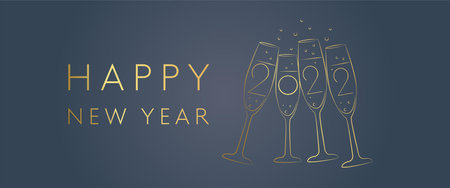 Happy new year 2022 illustration with gold, glasses of champagne and a clock. Gold sequin, vector bannerのイラスト素材