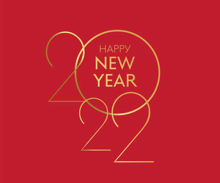 Happy new year 2022 illustration with gold, glasses of champagne and a clock. Gold sequin, vector...