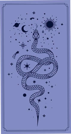Alchemy esoteric mystical magic celestial talisman with snake, sun, stars sacred geometry isolated. Spiritual occultism object. Vector illustrations outline styleのイラスト素材