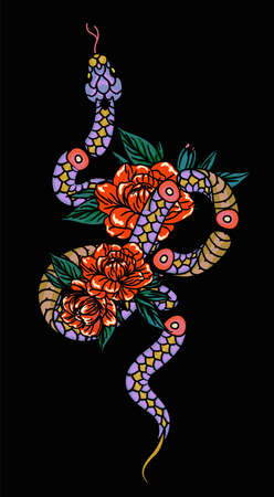 cosmic magic Snake. Snake and wildflowers. Halloween and boho Floral design. Botanical elements. Rustic decorative plants.のイラスト素材