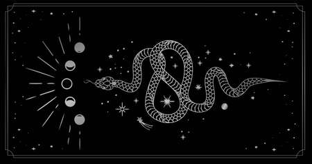Isolated bohemian vector illustration. Esoteric snake, serpent and the sun ornament print, poster, banner, greeting cardのイラスト素材