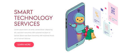 robot virtual assistant website or mobile apps. robot with shopping sale holiday shopping artificial...