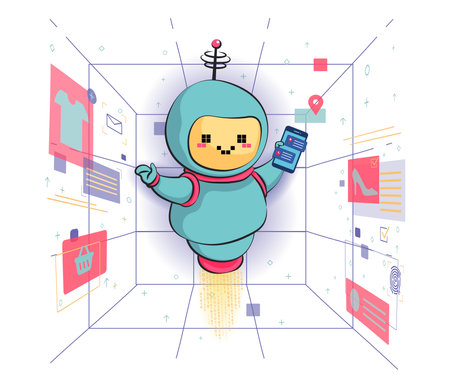 chatbot concept. AI robot assistant, online customer support. chatting with chatbot app. Modern flat cartoon style. Vector illustration isolated on white backgroundのイラスト素材