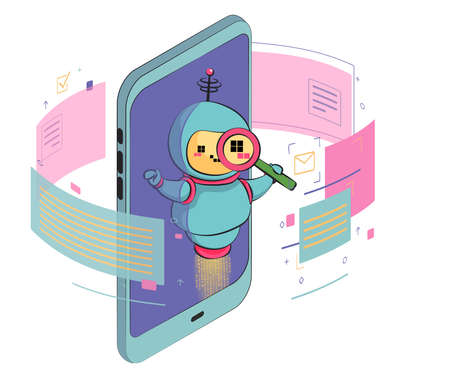 Small flying robot mascot. service support center. chat bot. zoom search. For all tasks. cartoon vector illustration.のイラスト素材