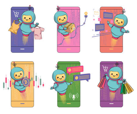 A set of banners for chat bots. Future marketing innovation, artificial intelligence digital technology, AI robot financial business online consultation, customer support. cartoon vector illustrationのイラスト素材