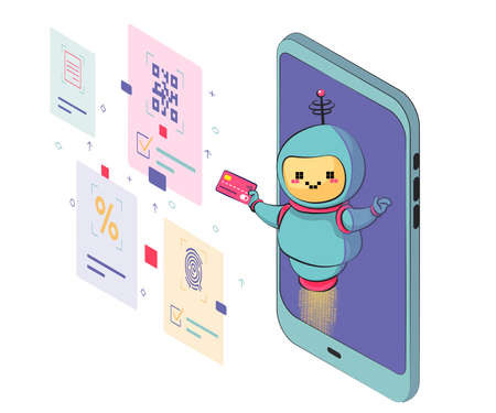 Chatbot isolated on white. The bot is holding a credit card. The robot helps to determine the discount percentage. Chatbot customer service. flat illustrationのイラスト素材