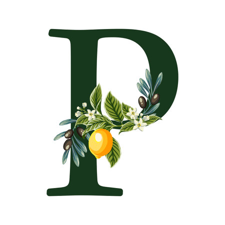 letter P from Alphabet with lemons and olive branches illustration. Perfect graphics for wedding invitations, greeting cards, logos, posters and more.のイラスト素材