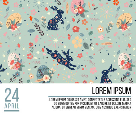 Poster with silhouettes of rabbits, spring flowers and colored eggs. Vector flat illustration. Holiday banner, flyer or congratulations voucher, brochure template layout.のイラスト素材