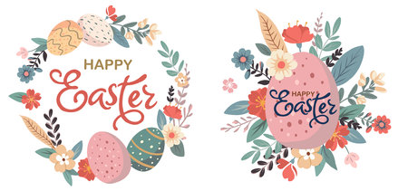 Happy Easter set of banners, greeting cards, posters, holiday covers. Trendy doodle design with typography, hand drawn strokes, dots and eggs in pastel colors. Minimalist contemporary art style.のイラスト素材