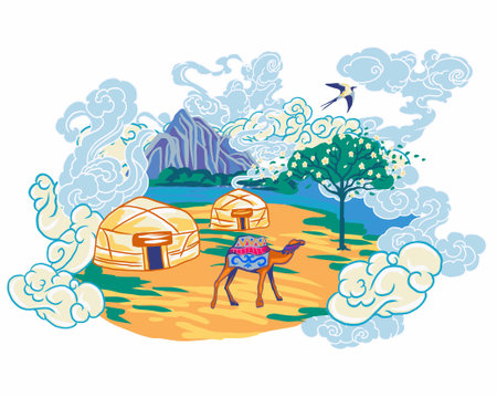 welcome to the country on a white background Kazakhstan, beautiful collection stamp of asian country, image of kazakhstan in architecture and landscapeのイラスト素材