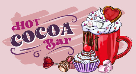 Hot cocoa with marshmallow and cupcake. Hand drawn vector illustration.のイラスト素材