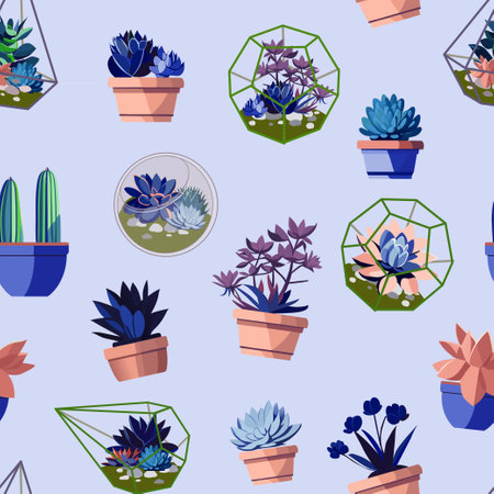 Cute summer theme with seamless pattern of succulents in florariums. Beautiful and delicate pastel colors. Pattern with various cacti and succulents in beautiful pots and florariums. Fashionable pastel colors. postcard with house plantsのイラスト素材