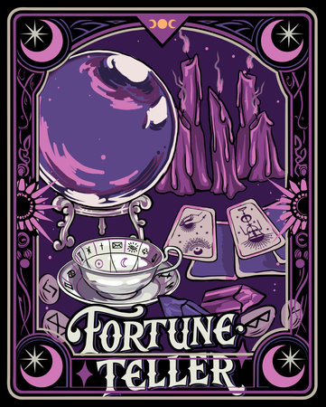 Vector illustration of a fortune teller's card with a magic crystal ballのイラスト素材